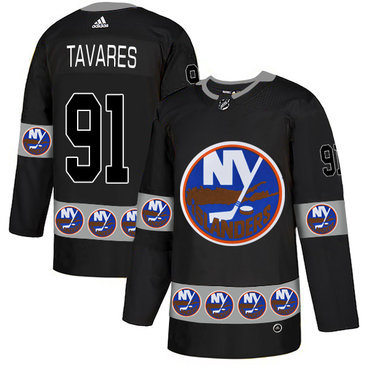 Men's New York Islanders #91 John Tavares Black Team Logos Fashion Adidas Jersey