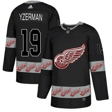 Men's Detroit Red Wings #19 Steve Yzerman Black Team Logos Fashion Adidas Jersey