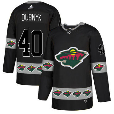 Men's Minnesota Wild #40 Devan Dubnyk Black Team Logos Fashion Adidas Jersey