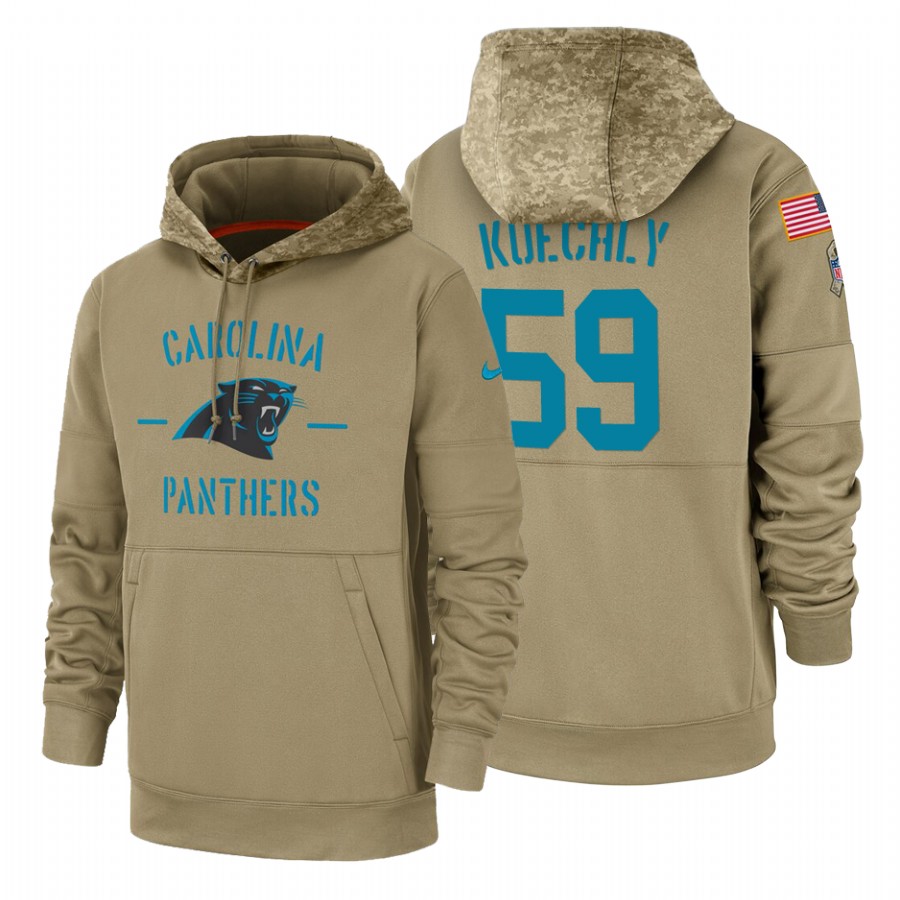 Carolina Panthers #59 Luke Kuechly Nike Tan 2019 Salute To Service Name & Number Sideline Therma Pullover Hoodie