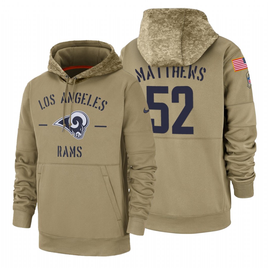 Los Angeles Rams #52 Clay Matthews Nike Tan 2019 Salute To Service Name & Number Sideline Therma Pullover Hoodie