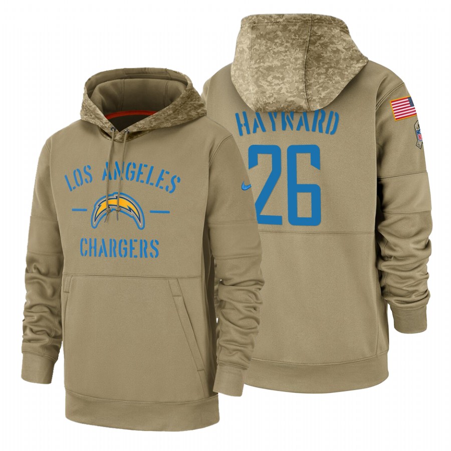Los Angeles Chargers #26 Casey Hayward Nike Tan 2019 Salute To Service Name & Number Sideline Therma Pullover Hoodie
