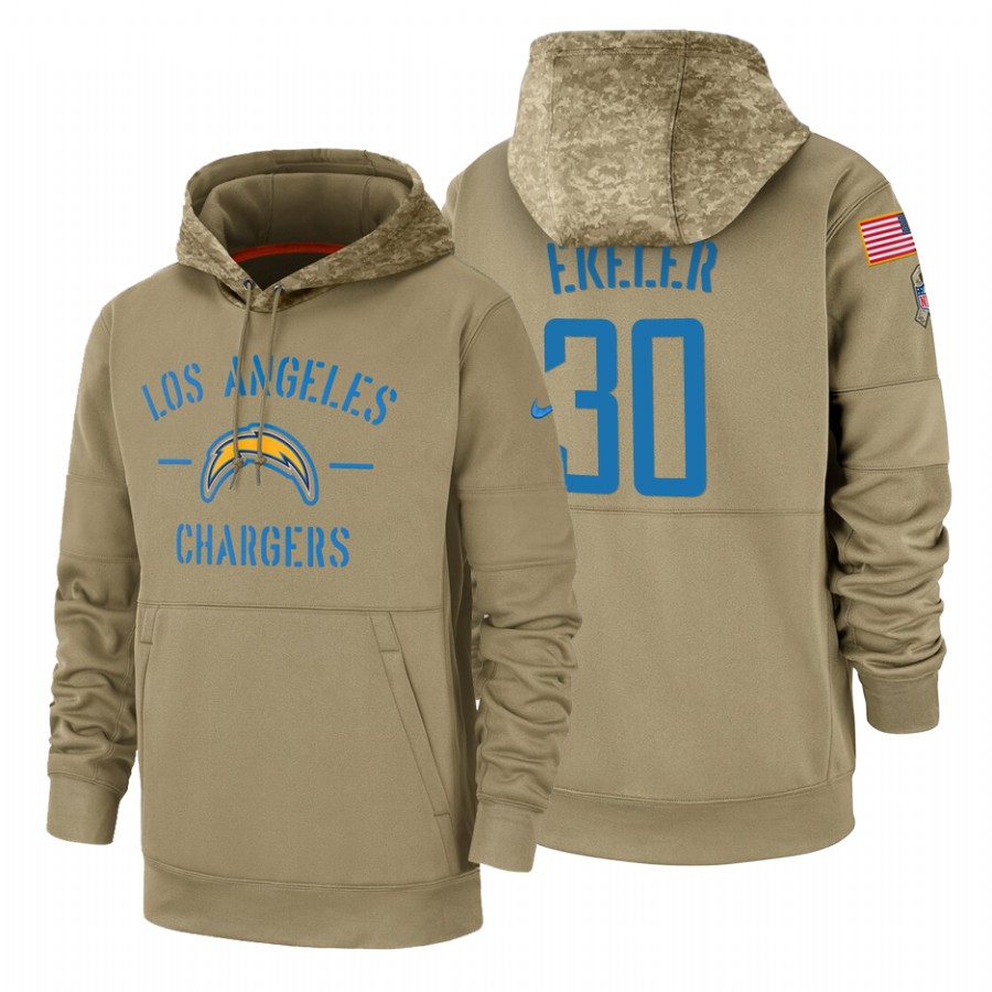 Los Angeles Chargers #30 Austin Ekeler Nike Tan 2019 Salute To Service Name & Number Sideline Therma Pullover Hoodie