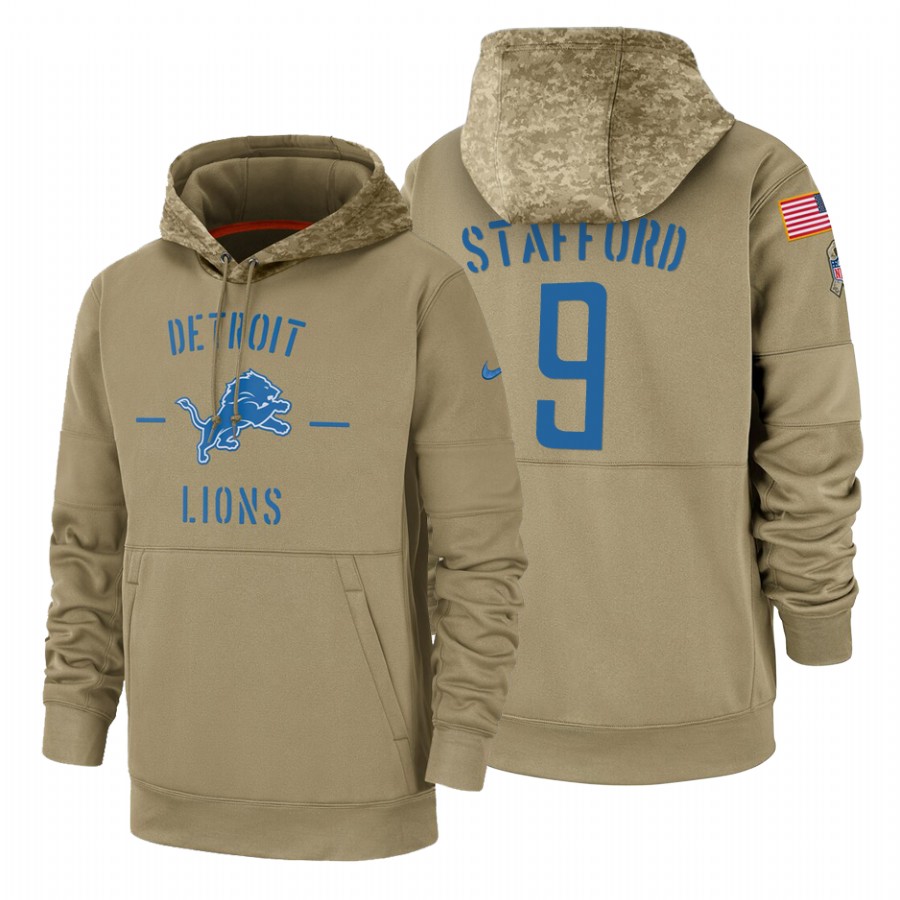Detroit Lions #9 Matthew Stafford Nike Tan 2019 Salute To Service Name & Number Sideline Therma Pullover Hoodie