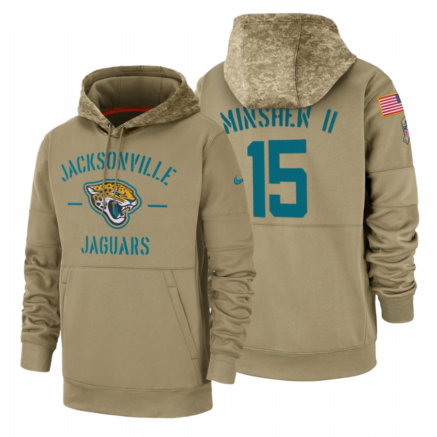 Jacksonville Jaguars #15 Gardner Minshew II Nike Tan 2019 Salute To Service Name & Number Sideline Therma Pullover Hoodie