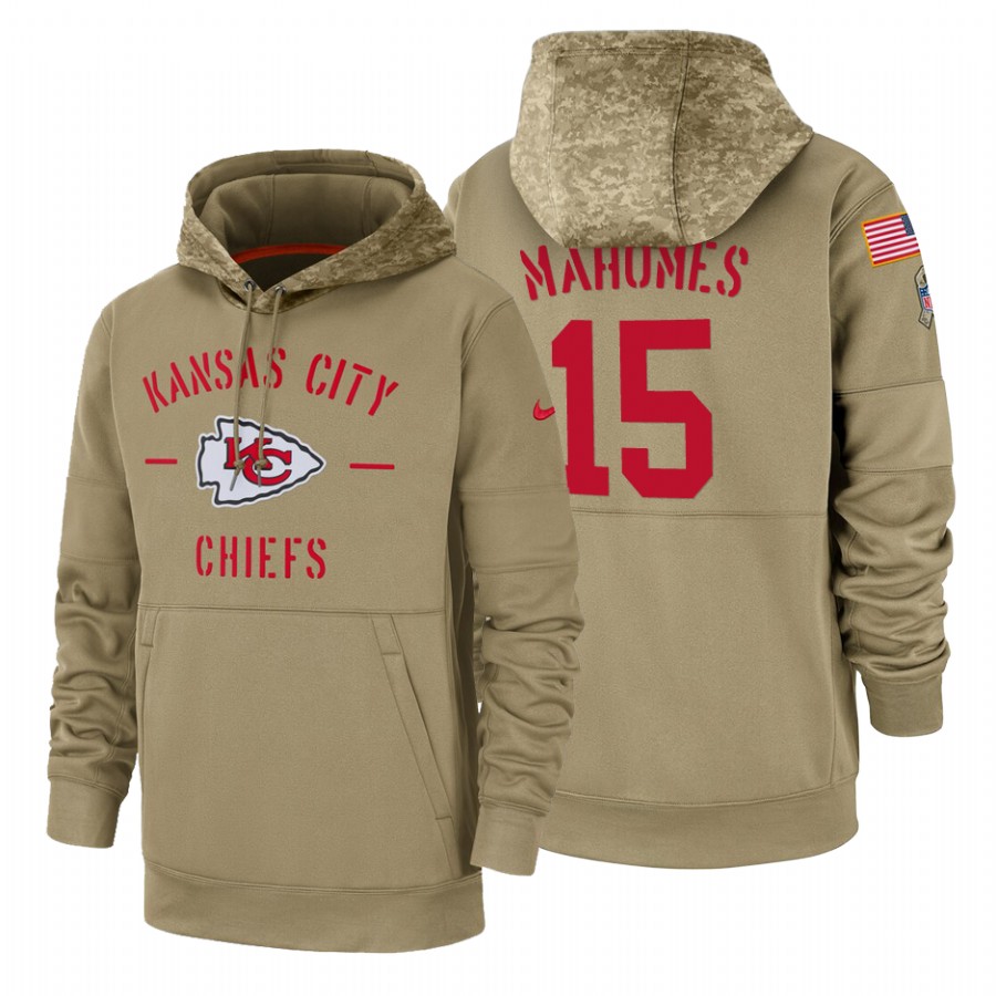 Kansas City Chiefs #15 Patrick Mahomes Nike Tan 2019 Salute To Service Name & Number Sideline Therma Pullover Hoodie