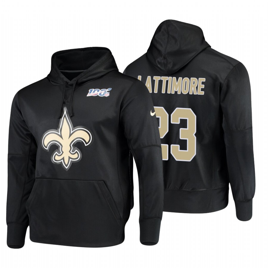 New Orleans Saints #23 Marshon Lattimore Nike NFL 100 Primary Logo Circuit Name & Number Pullover Hoodie Black