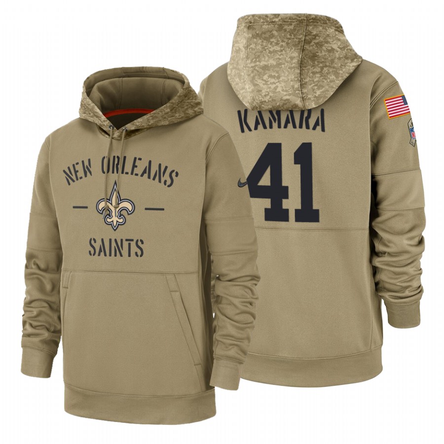 New Orleans Saints #41 Alvin Kamara Nike Tan 2019 Salute To Service Name & Number Sideline Therma Pullover Hoodie