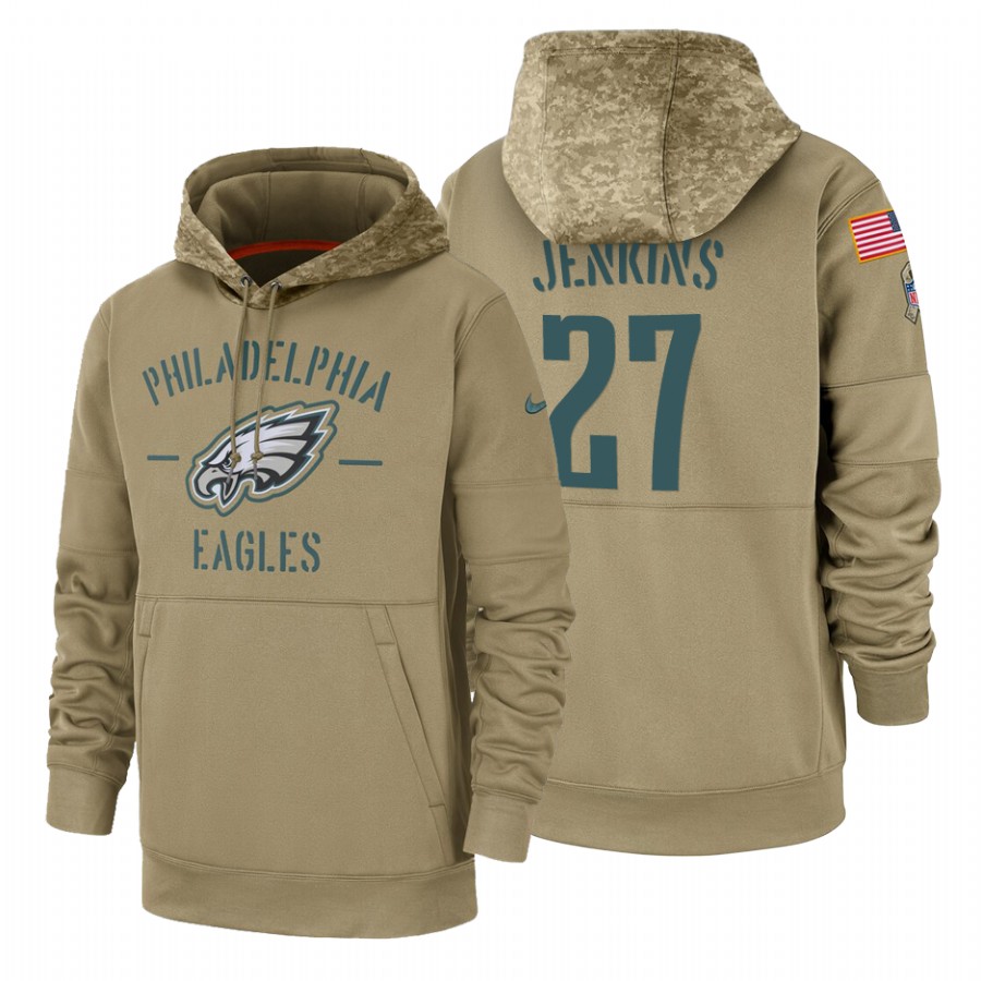 Philadelphia Eagles #27 Malcolm Jenkins Nike Tan 2019 Salute To Service Name & Number Sideline Therma Pullover Hoodie