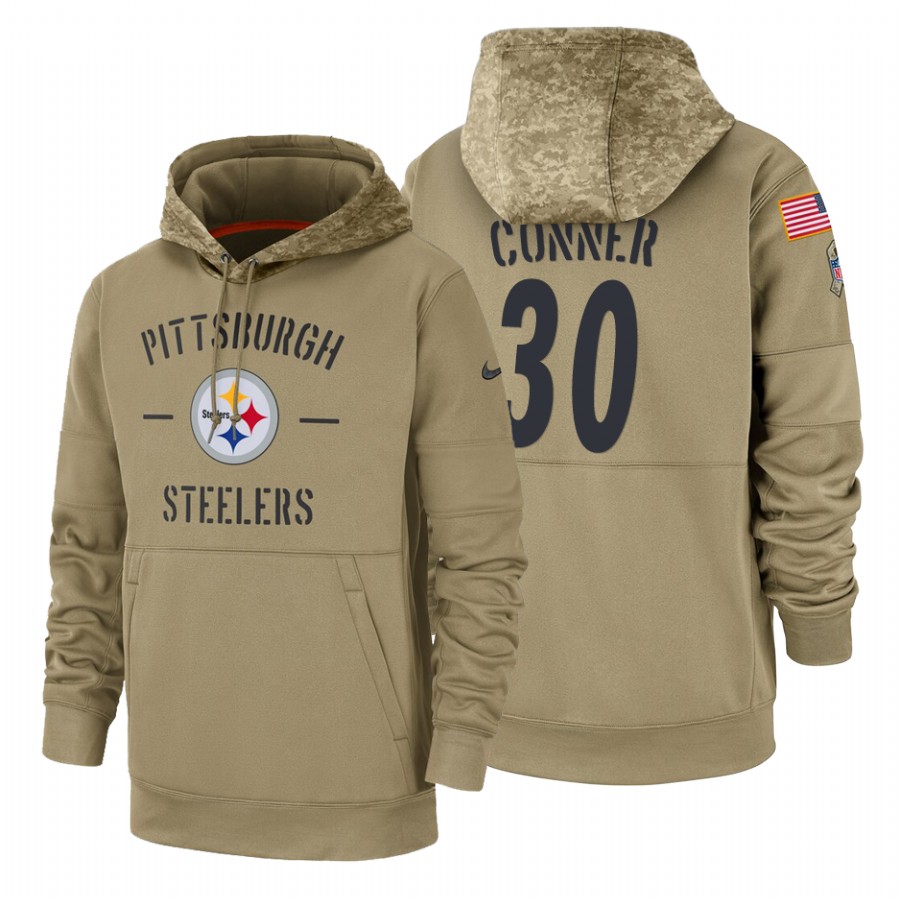 Pittsburgh Steelers #30 James Conner Nike Tan 2019 Salute To Service Name & Number Sideline Therma Pullover Hoodie