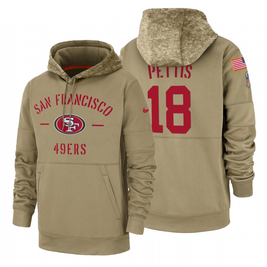 San Francisco 49ers #18 Dante Pettis Nike Tan 2019 Salute To Service Name & Number Sideline Therma Pullover Hoodie