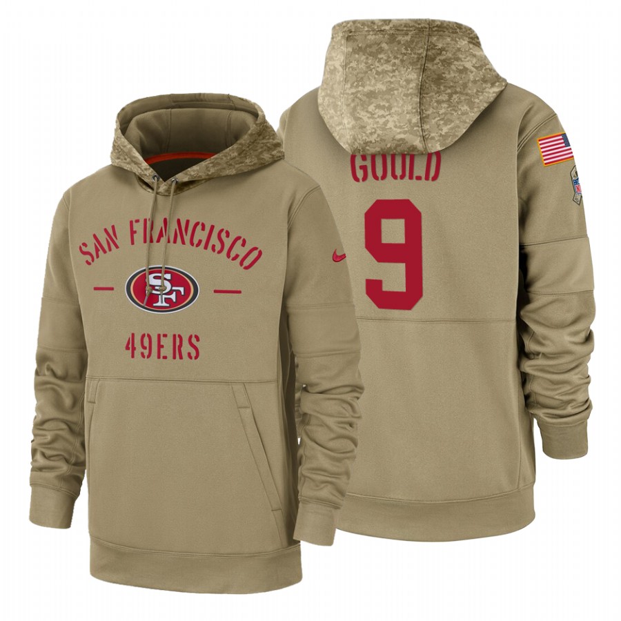 San Francisco 49ers #9 Robbie Gould Nike Tan 2019 Salute To Service Name & Number Sideline Therma Pullover Hoodie