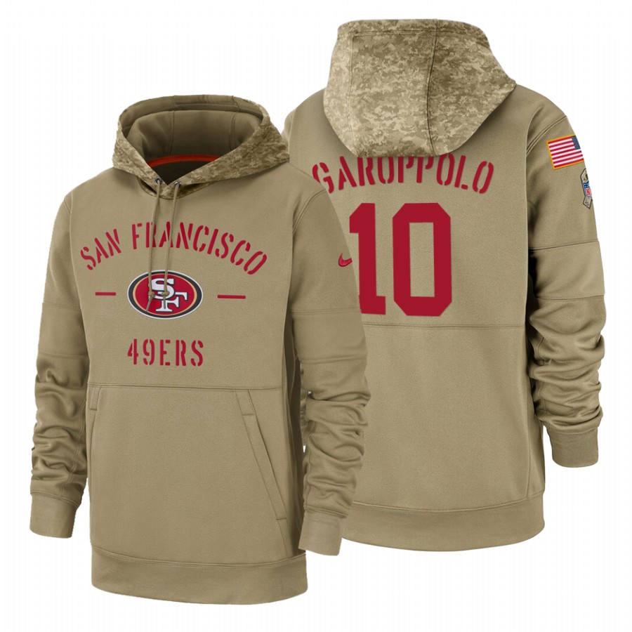 San Francisco 49ers #10 Jimmy Garoppolo Nike Tan 2019 Salute To Service Name & Number Sideline Therma Pullover Hoodie