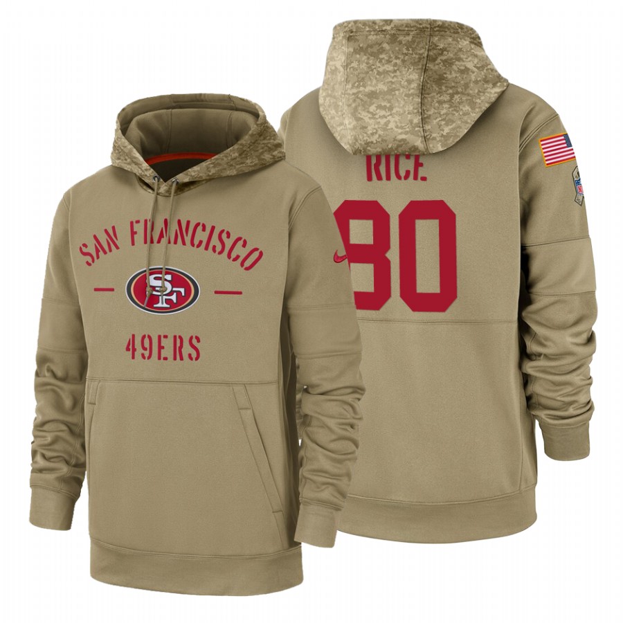 San Francisco 49ers #80 Jerry Rice Nike Tan 2019 Salute To Service Name & Number Sideline Therma Pullover Hoodie