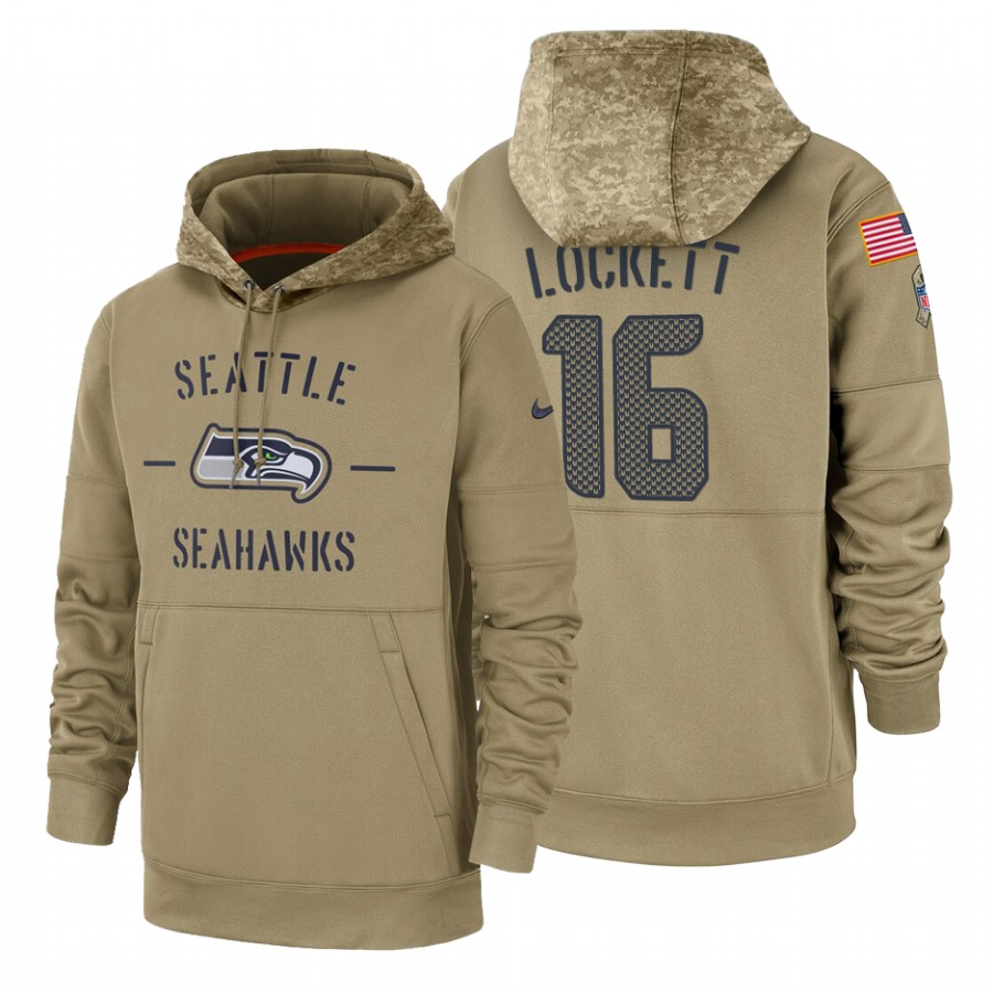 Seattle Seahawks #16 Tyler Lockett Nike Tan 2019 Salute To Service Name & Number Sideline Therma Pullover Hoodie