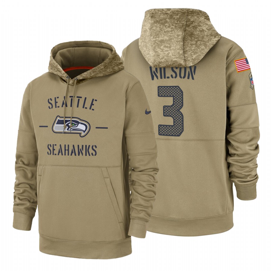 Seattle Seahawks #3 Russell Wilson Nike Tan 2019 Salute To Service Name & Number Sideline Therma Pullover Hoodie