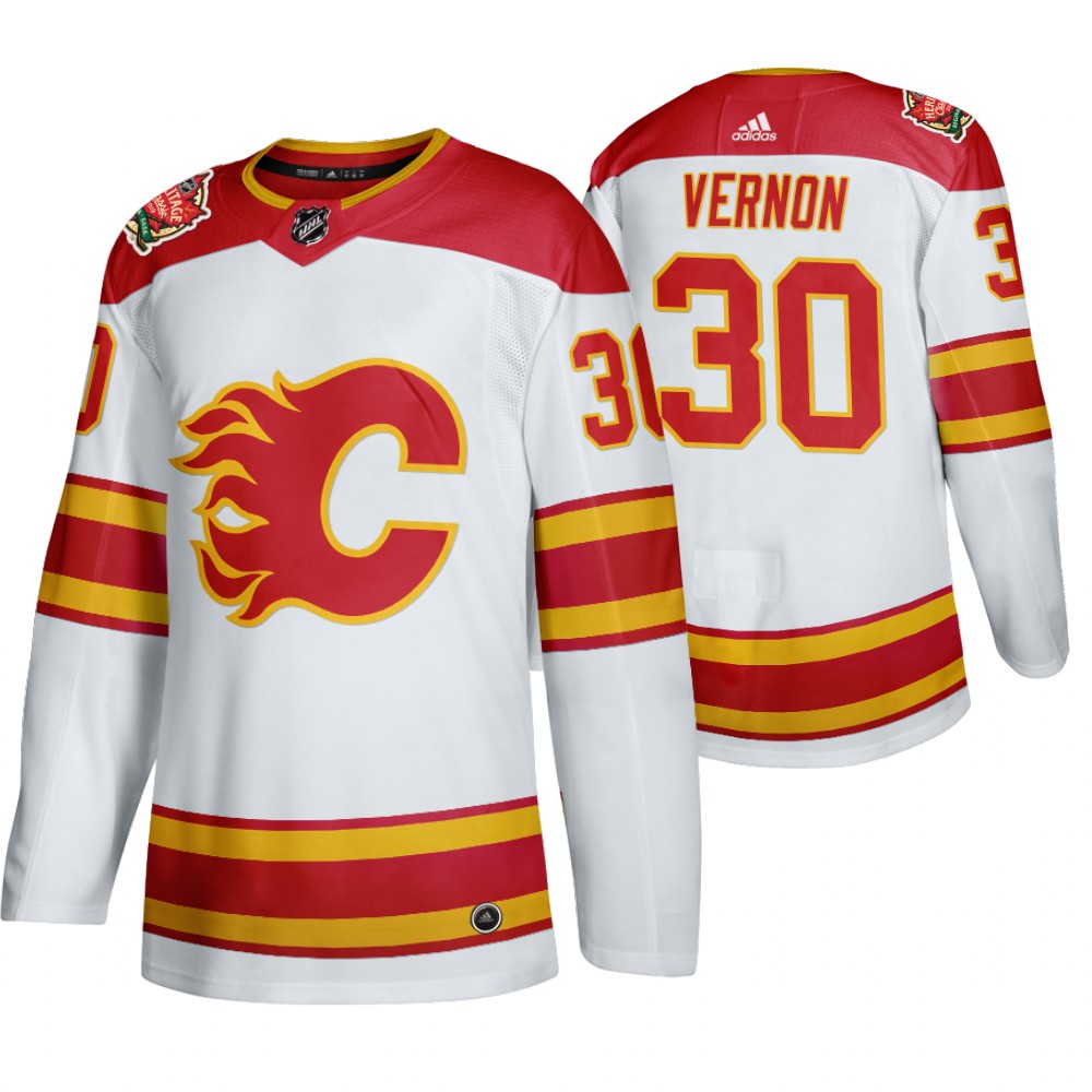 Men's Calgary Flames #30 Mike Vernon 2019 Heritage Classic Authentic Retired White Jersey