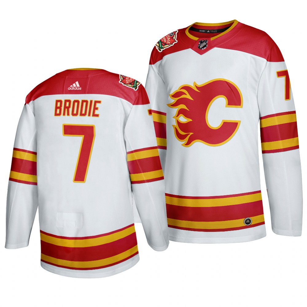 Men's Calgary Flames #7 T. J. Brodie 2019-20 White Heritage Authentic Classic Jersey