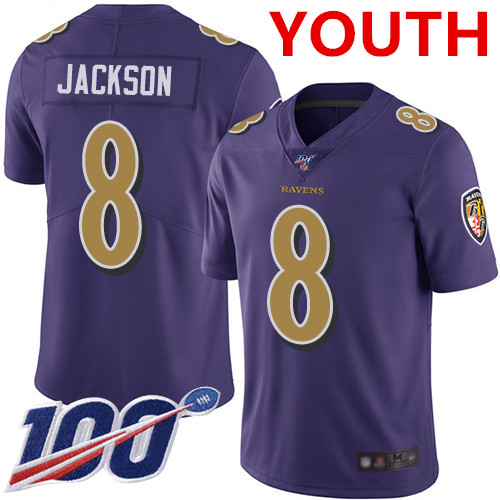 Nike Ravens #8 Lamar Jackson Purple Youth Stitched NFL Limited Rush 100th Season Jersey