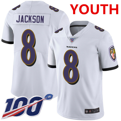 Nike Ravens #8 Lamar Jackson White Youth Stitched NFL 100th Season Vapor Limited Jersey