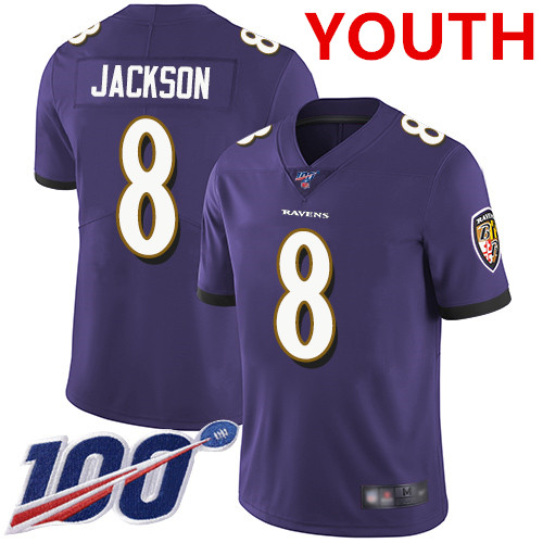 Nike Ravens #8 Lamar Jackson Purple Team Color Youth Stitched NFL 100th Season Vapor Limited Jersey