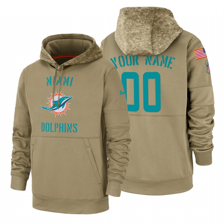 Miami Dolphin Custom Nike Tan 2019 Salute To Service Name & Number Sideline Therma Pullover Hoodie