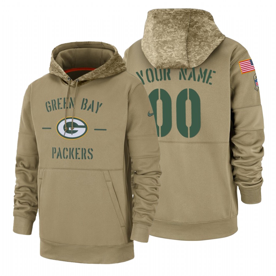 Green Bay Packers Custom Nike Tan 2019 Salute To Service Name & Number Sideline Therma Pullover Hoodie