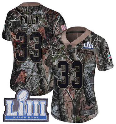 #33 Limited Kevin Faulk Camo Nike NFL Women's Jersey New England Patriots Rush Realtree Super Bowl LIII Bound