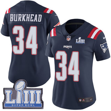 #34 Limited Rex Burkhead Navy Blue Nike NFL Women's Jersey New England Patriots Rush Vapor Untouchable Super Bowl LIII Bound