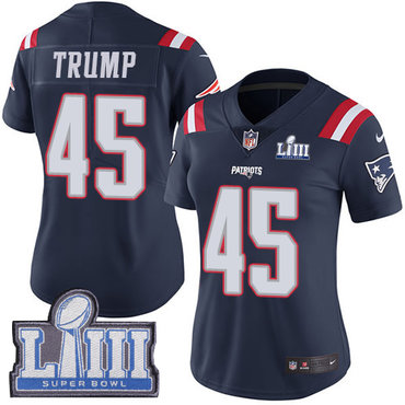 #45 Limited Donald Trump Navy Blue Nike NFL Women's Jersey New England Patriots Rush Vapor Untouchable Super Bowl LIII Bound