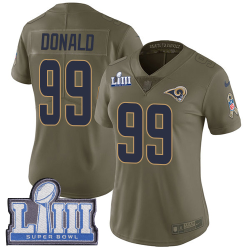 #99 Limited Aaron Donald Olive Nike NFL Women's Jersey Los Angeles Rams 2017 Salute to Service Super Bowl LIII Bound