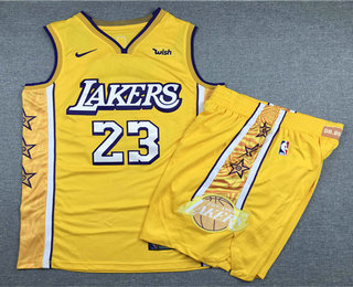 Men's Los Angeles Lakers #23 LeBron James Yellow 2020 Nike City Edition Swingman Jersey With Shorts