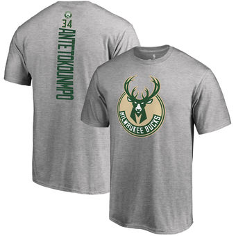 Men's Milwaukee Bucks 34 Giannis Antetokounmpo Fanatics Branded Gray Backer Name & Number T-Shirt