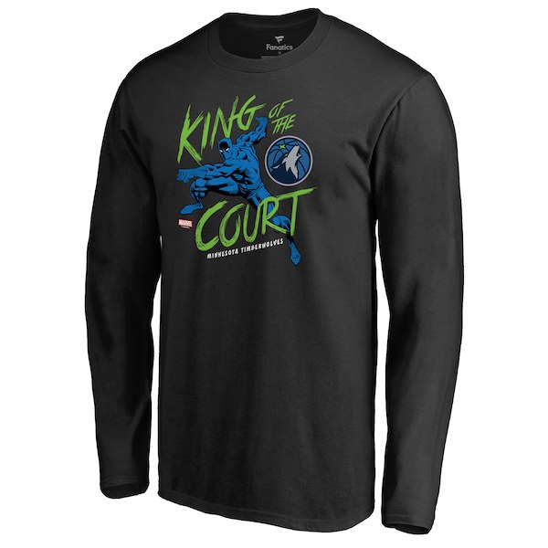 Men's Minnesota Timberwolves Fanatics Branded Black Marvel Black Panther King of the Court Long Sleeve T-Shirt