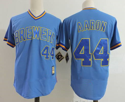 Size 5XL Men's Milwaukee Brewers #44 Hank Aaron Light Blue Pullover Throwback Cooperstown Collection Stitched MLB Mitchell & Ness Jersey