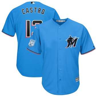 Men's Miami Marlins 13 Starlin Castro Majestic Blue 2019 Spring Training Cool Base Player Jersey