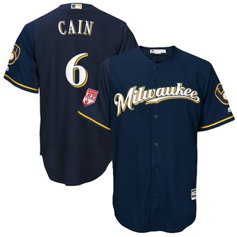 Men's Milwaukee Brewers 6 Lorenzo Cain Majestic Navy 2019 Spring Training Cool Base Player Jersey