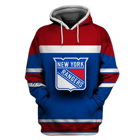 Men's NY Rangers Blue Red All Stitched Hooded Sweatshirt