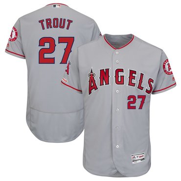 Men's LA Angels of Anaheim 27 Mike Trout Gray 150th Patch Flexbase Jersey