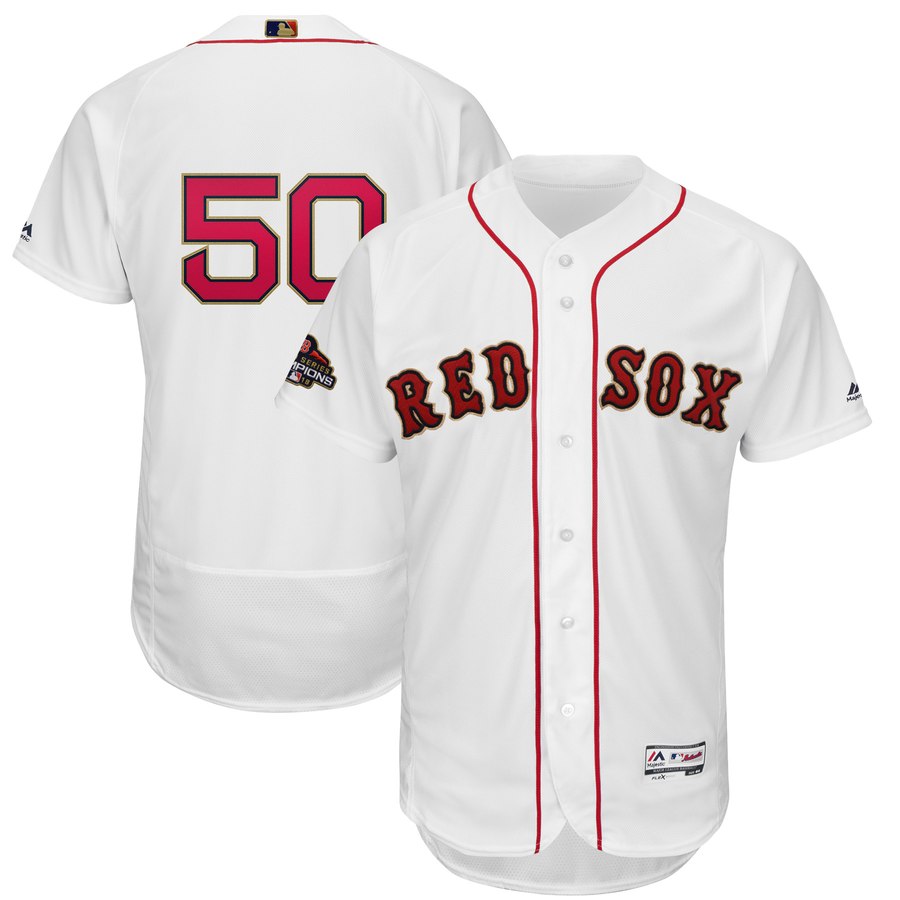 Men's Boston Red Sox 50 Mookie Betts White 2019 Gold Program FlexBase Jersey