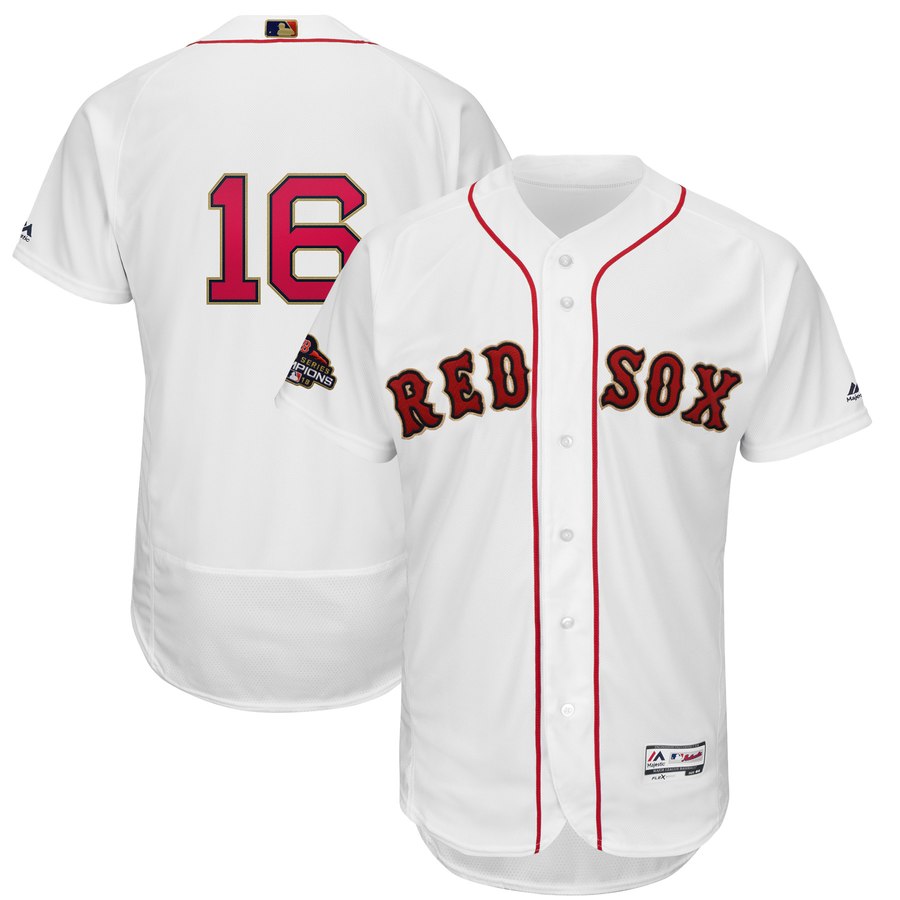 Men's Boston Red Sox 16 Andrew Benintendi White 2019 Gold Program FlexBase Jersey