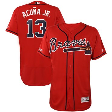Men's Atlanta Braves #13 Ronald Acuna Jr Scarlet 150th Patch Flexbase Jersey