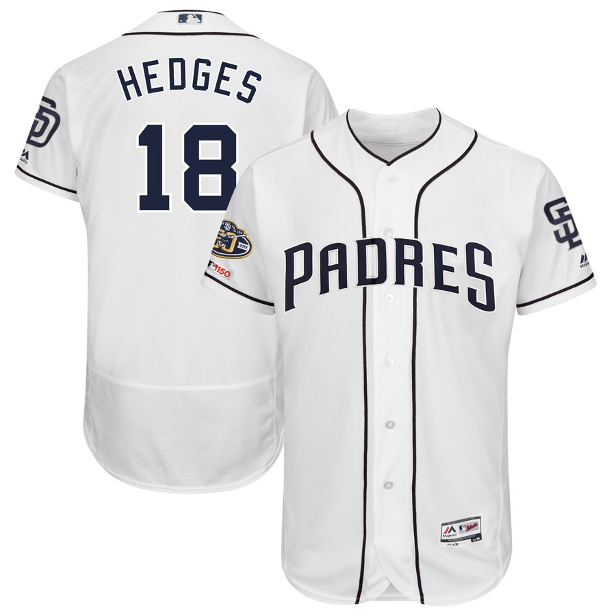 Men's San Diego Padres 18 Austin Hedges White 50th Anniversary and 150th Patch FlexBase Jersey