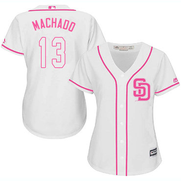 Padres #13 Manny Machado White Pink Fashion Women's Stitched Baseball Jersey