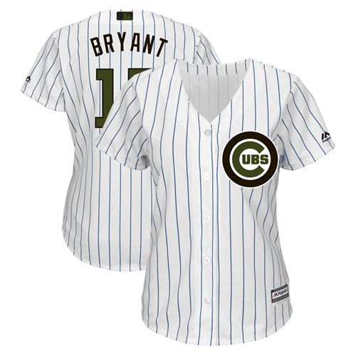 Cubs #17 Kris Bryant White(Blue Strip) 2018 Memorial Day Cool Base Women's Stitched Baseball Jersey