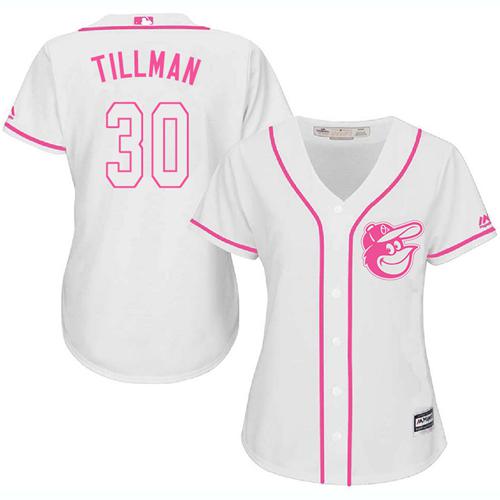 Orioles #30 Chris Tillman White Pink Fashion Women's Stitched Baseball Jersey