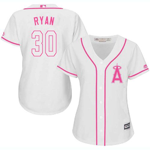 Angels #30 Nolan Ryan White Pink Fashion Women's Stitched Baseball Jersey