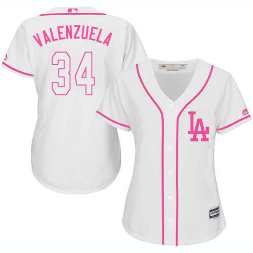Dodgers #34 Fernando Valenzuela White Pink Fashion Women's Stitched Baseball Jersey
