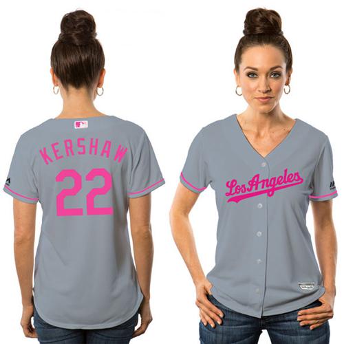 Dodgers #22 Clayton Kershaw Grey Mother's Day Cool Base Women's Stitched Baseball Jersey