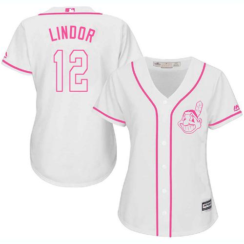 Indians #12 Francisco Lindor White Pink Fashion Women's Stitched Baseball Jersey
